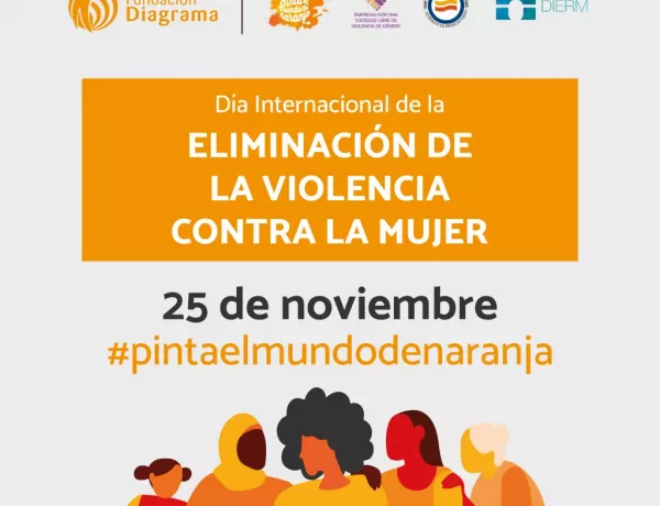 Cartel conmemorativo Día Internacional de la Eliminación de la Violencia contra la Mujer, de color naranja, con ilustración que representa a varias mujeres 