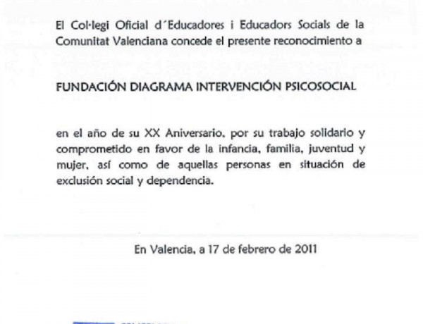 Fundación Diagrama recibe el reconocimiento del Col•legi Oficial d’Educadores i Educadors Socials de la Comunitat Valenciana por sus 20 años de labor solidaria y comprometida