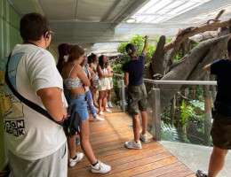 Una guía del Parque explica la zona de Madagascar del BioDomo al grupo de jóvenes