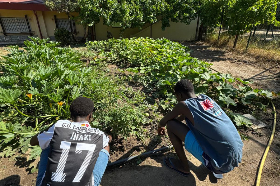 Dos jóvenes trabajan en el huerto urbano ubicado en el centro