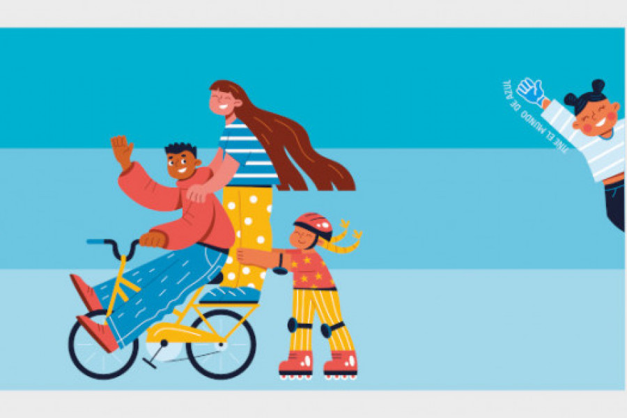 Ilustración con tres niños y niñas, dos de ellos subidos en bicicleta y una patinando cogido a esta