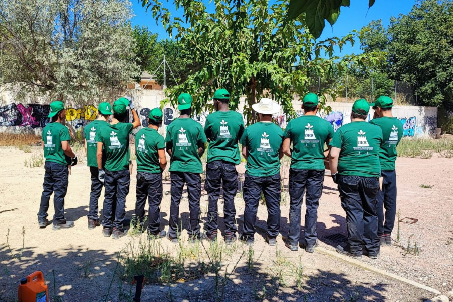El grupo de jóvenes participantes, durante una práctica de jardinería