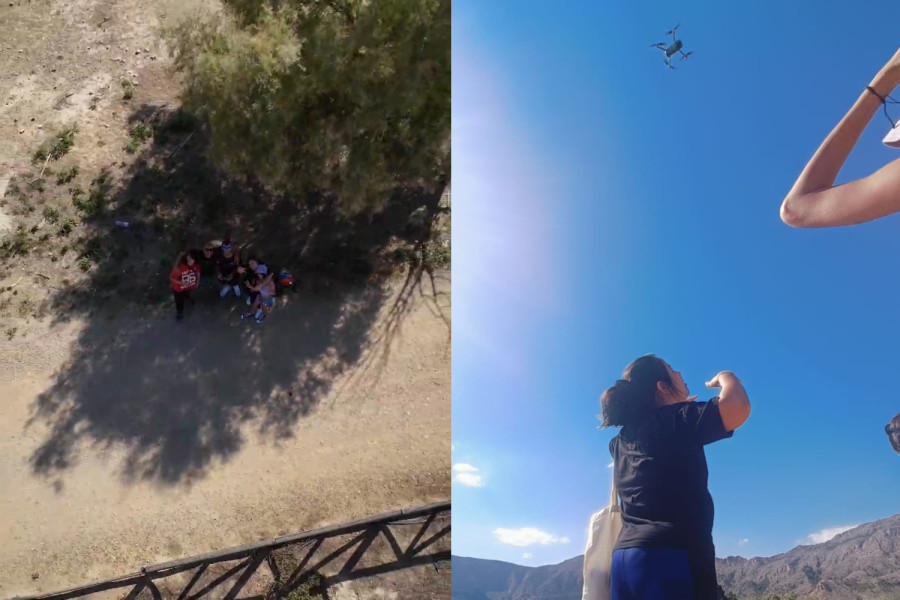 El vuelo de demostración del dron, desde ambos puntos de vista